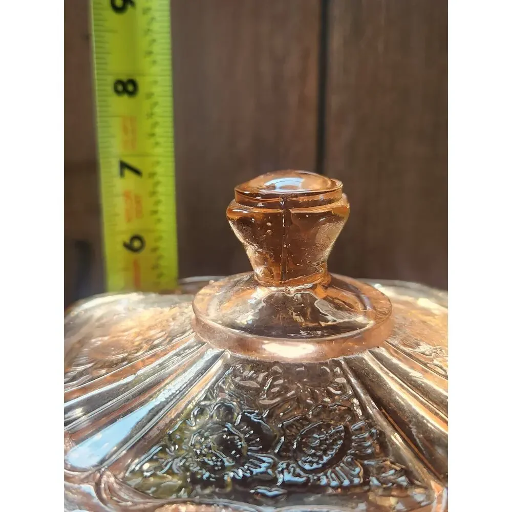 Vintage Pink Depression Glass Footed Covered Candy Dish Floral Medallion Design